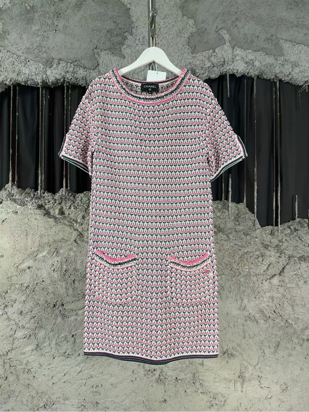CHANEL Pink, White & Black Knit Short-Sleeve Mini Dress